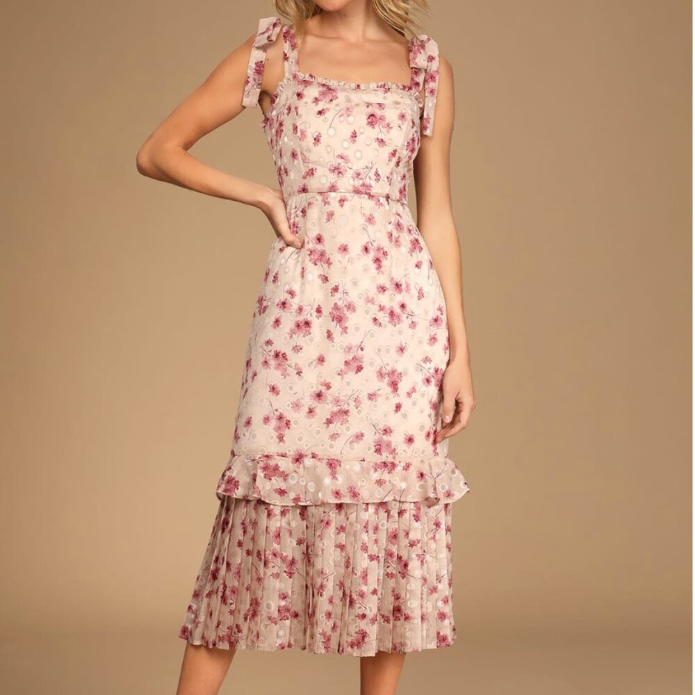 Lulus Terrace Views Taupe Floral Print Tiered Midi Dress - Size XL